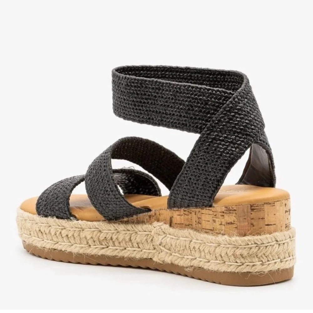 Bamboo Cork Espadrille Wedge Sandals with Black knitted straps. Womens Shoe 6.5